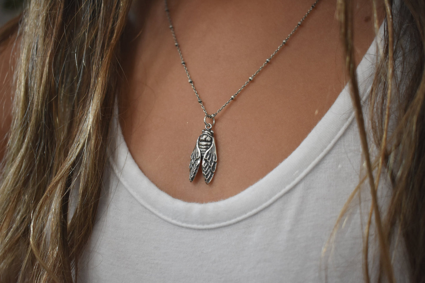 Cicada Necklace- Brood Cicada, Cicada Wing, Bug necklace,- Silver Necklace
