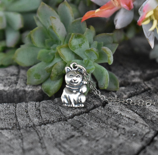 Lucky Cat Necklace- Maneki Neko Cat, Cat Necklace, Good Luck Cat, Silver Necklace