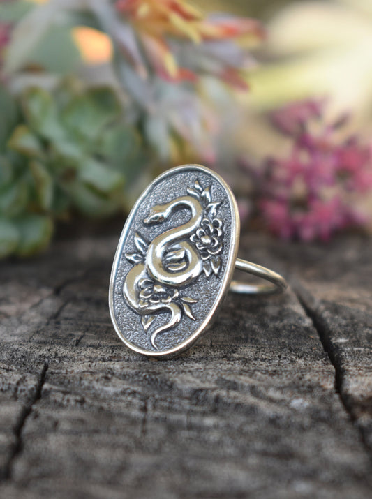 Snake Ring- Snake Floral Ring, Snake Jewelry, Snake Medicine-Silver Ring