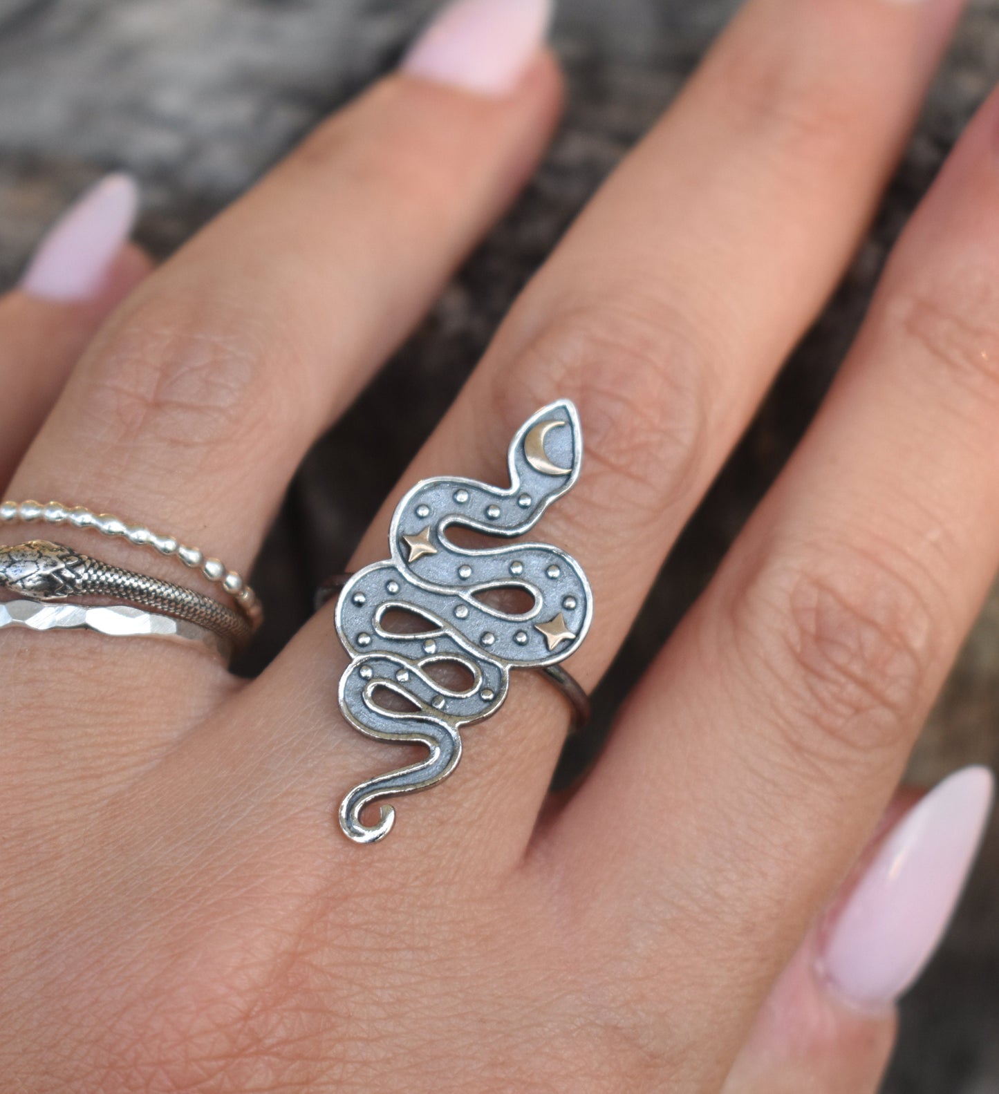 Snake Ring- Moon And Star Ring, Snake Jewelry, Halloween ring- Silver Snake Ring