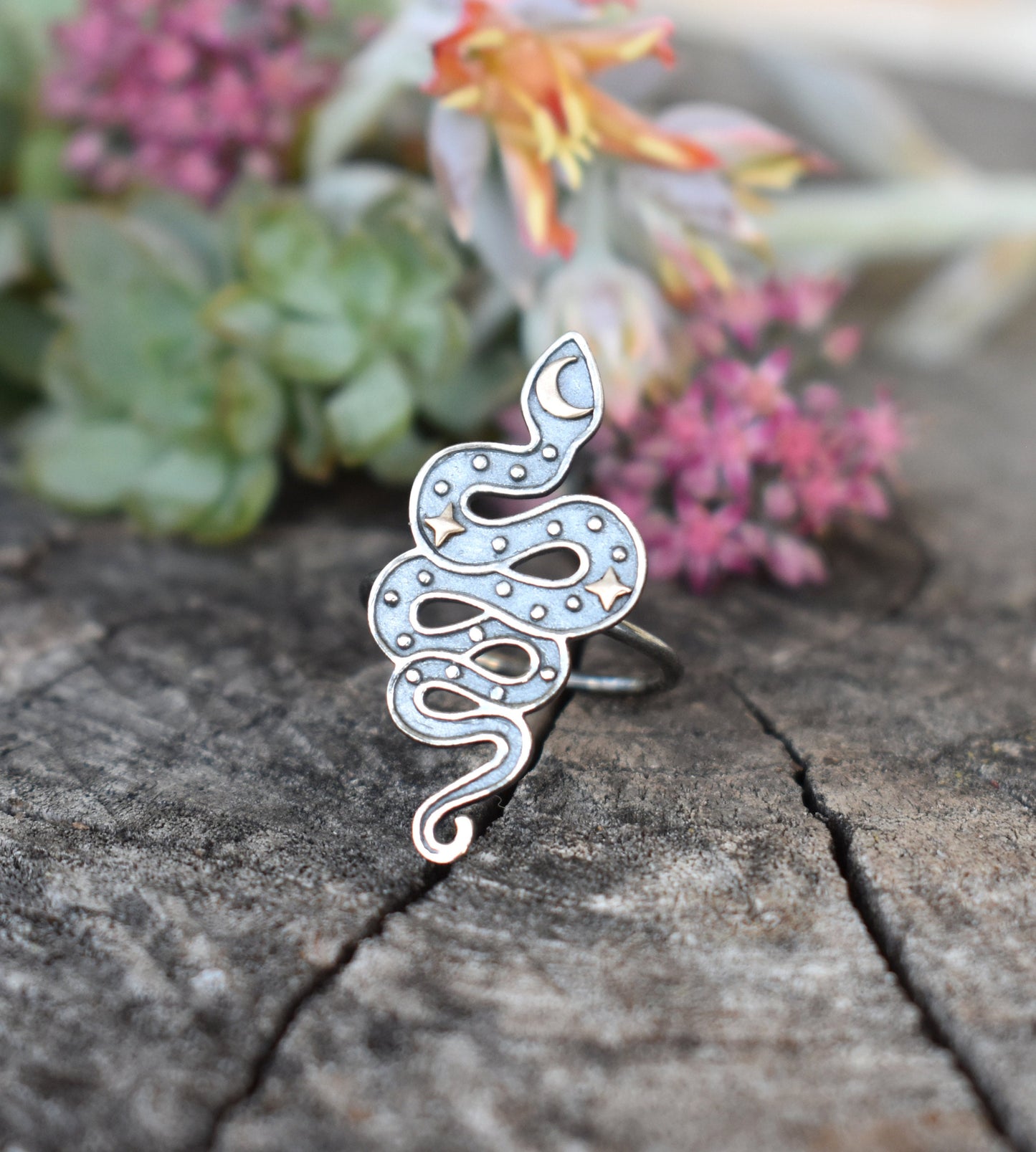 Snake Ring- Moon And Star Ring, Snake Jewelry, Halloween ring- Silver Snake Ring