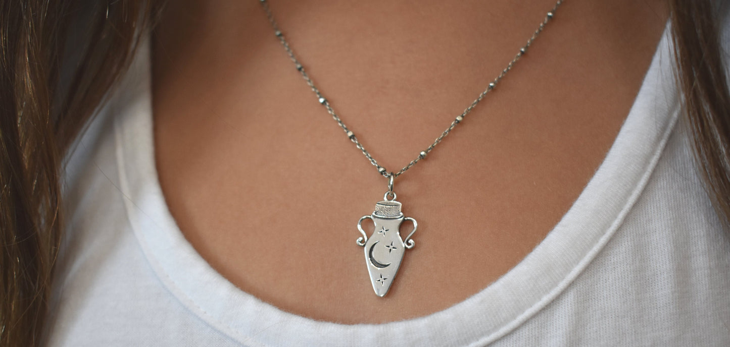 Potion Necklace- Potion Bottle, Witches Brew, Moon And Star Necklace-Silver Necklace