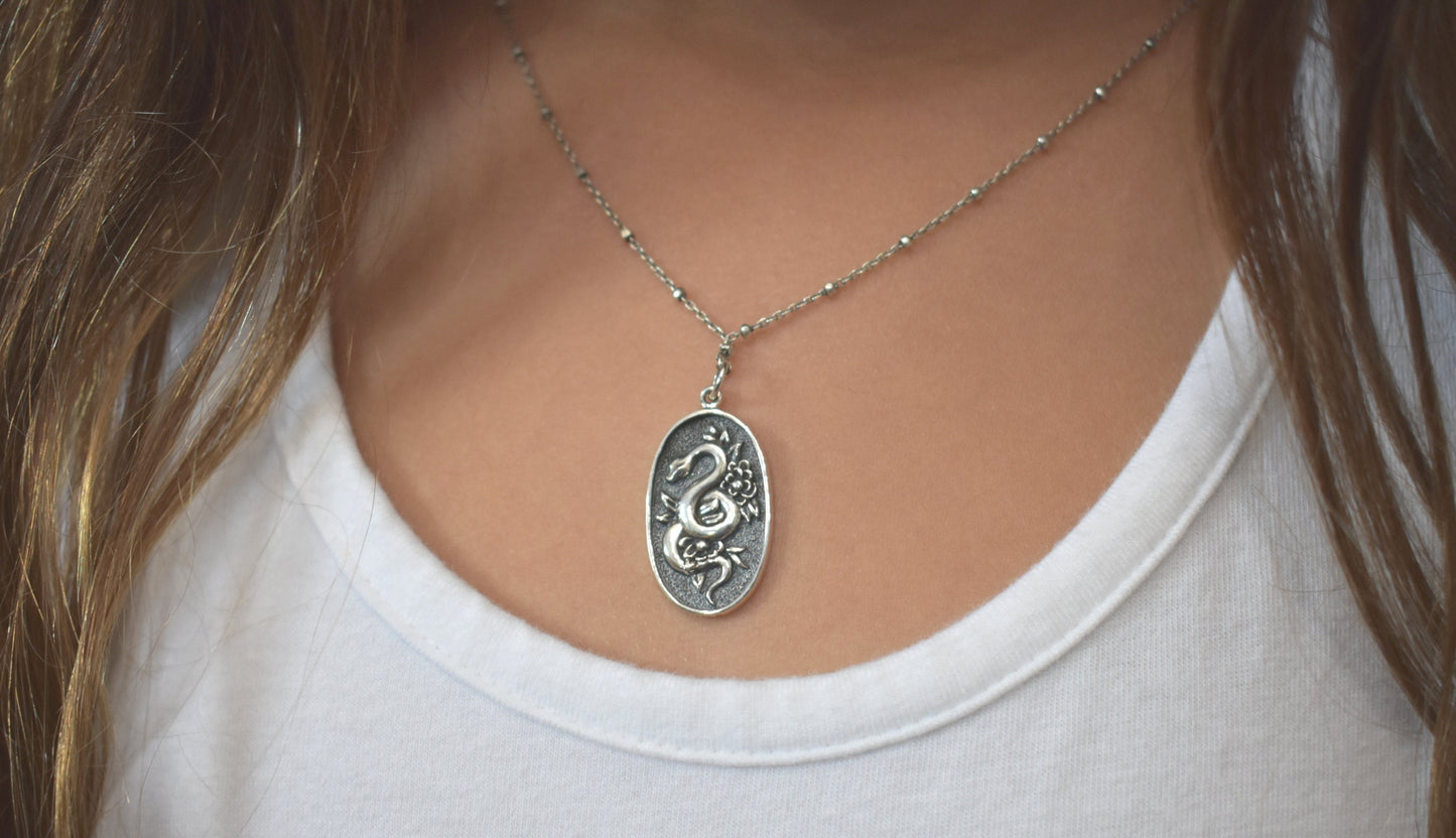 Snake Necklace- Floral Snake Necklace, Snake Jewelry, Snake Medicine-Silver Snake