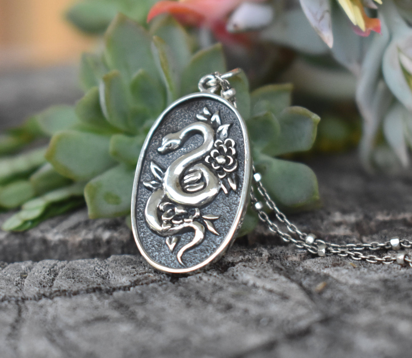 Snake Necklace- Floral Snake Necklace, Snake Jewelry, Snake Medicine-Silver Snake