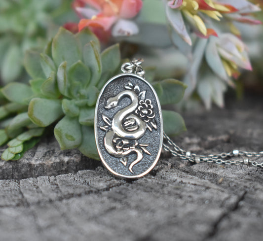 Snake Necklace- Floral Snake Necklace, Snake Jewelry, Snake Medicine-Silver Snake