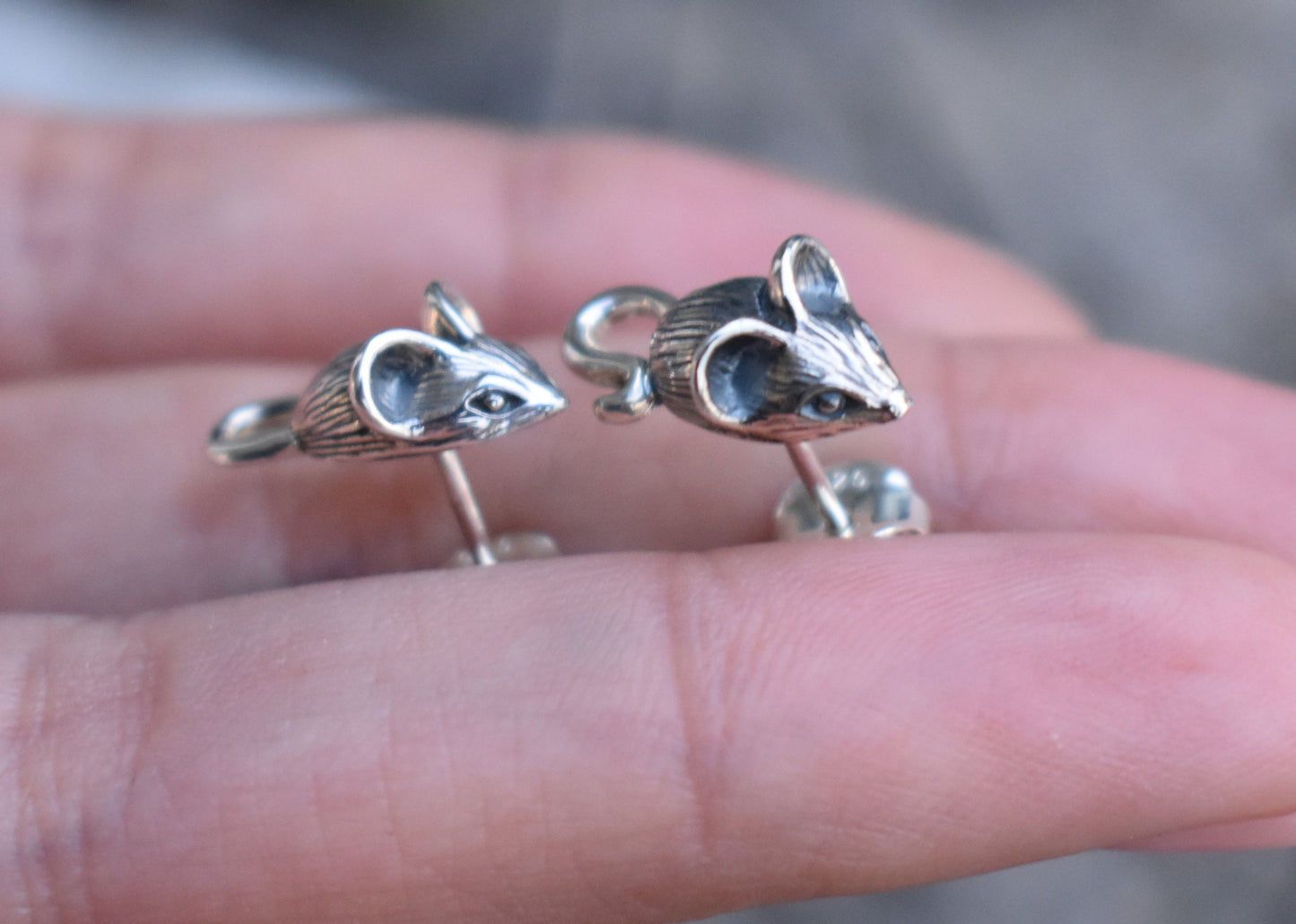 Mouse Earrings- Mouse Studs, Mouse Jewelry, Pet Mouse-Sterling Silver Earrings