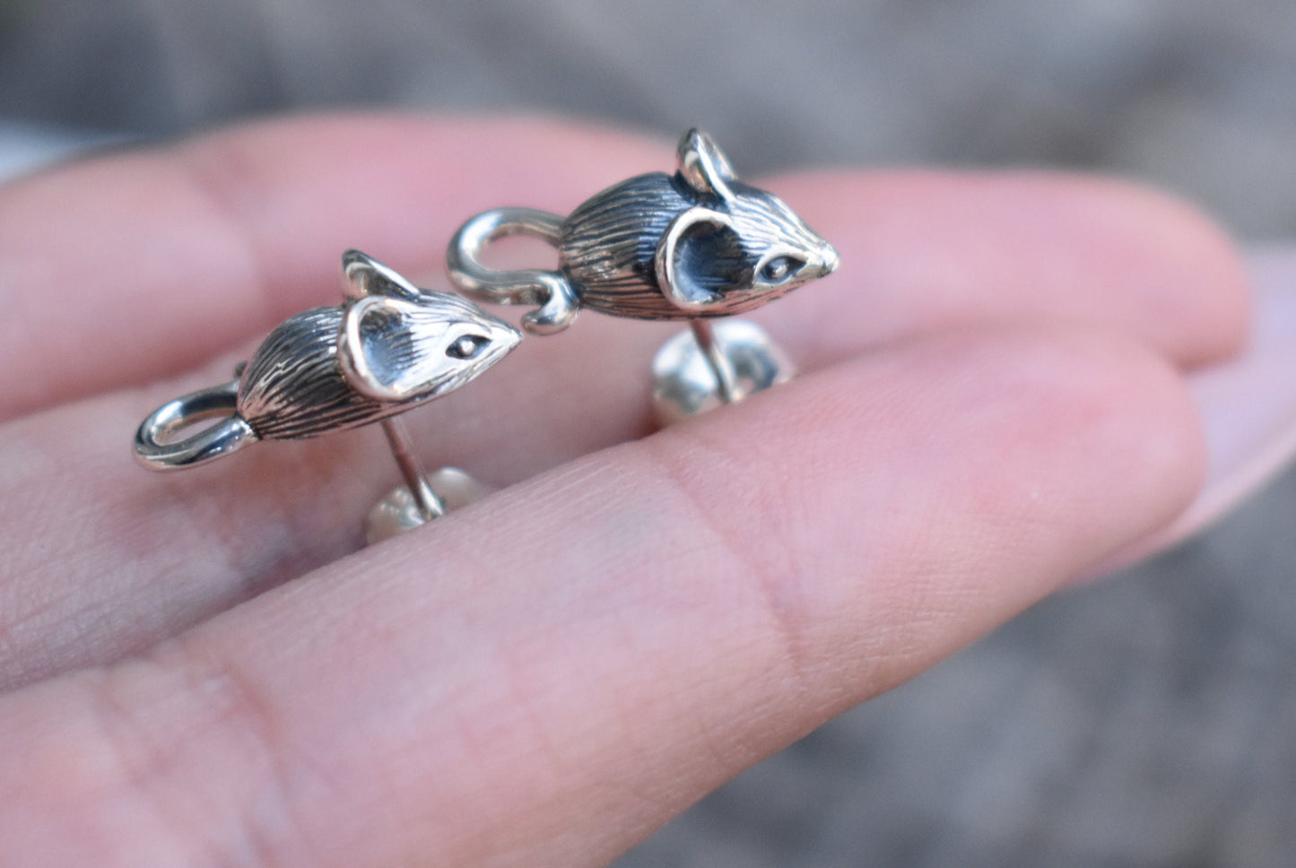 Mouse Earrings- Mouse Studs, Mouse Jewelry, Pet Mouse-Sterling Silver Earrings