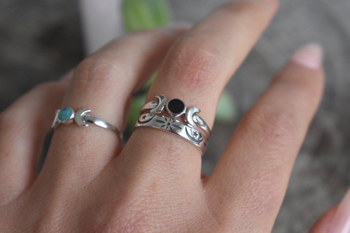 Black Onyx Moon Ring- Luna ring, Moon Phase Ring, Root Chakra Ring-Silver Ring