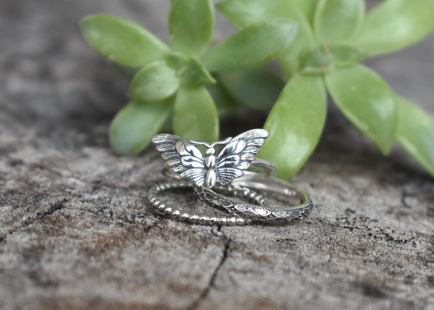 Moth Ring- Silver Ring, Moth Jewelry, Butterfly Ring- Sterling Silver Ring Set
