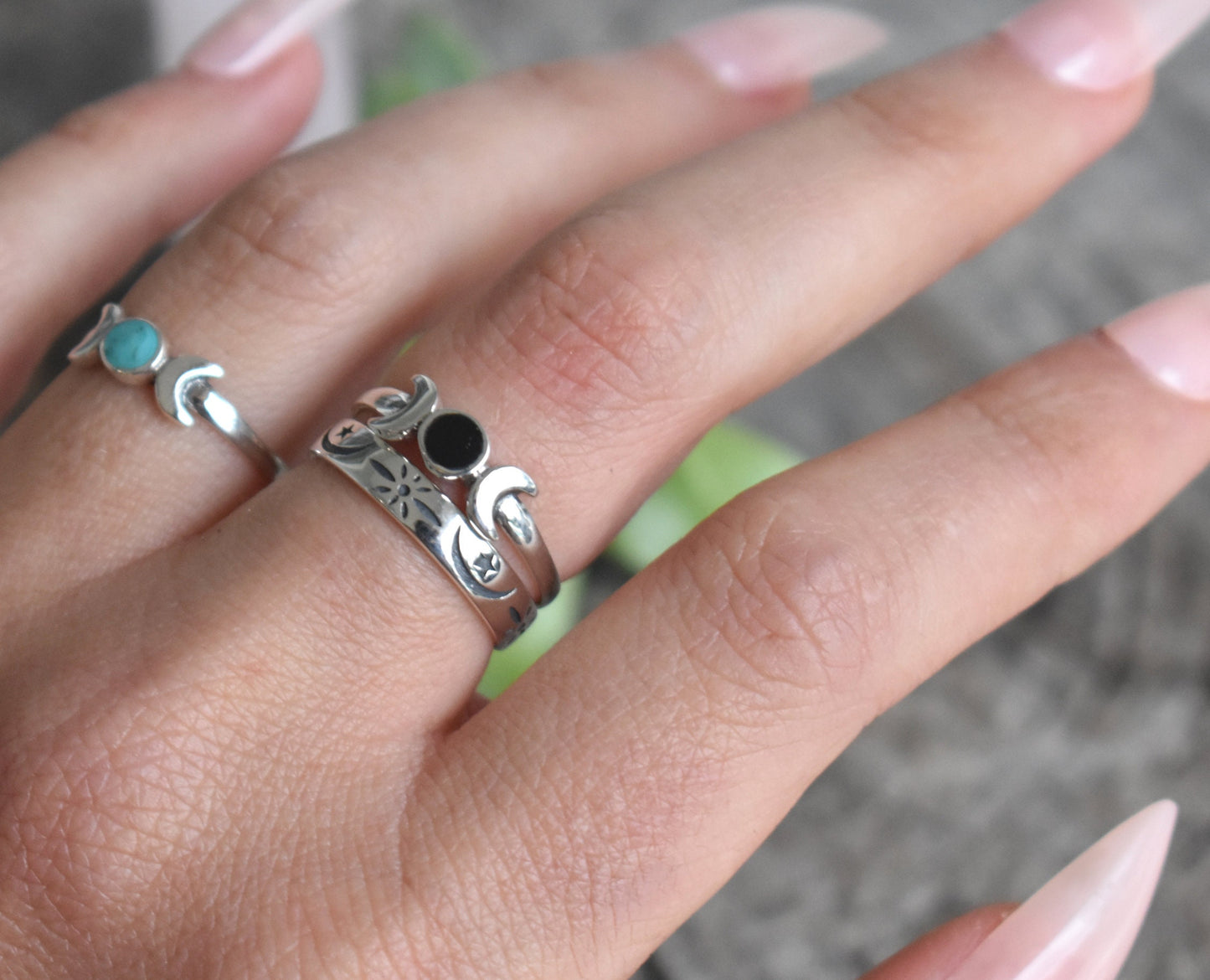 Black Onyx Moon Ring- Luna ring, Moon Phase Ring, Root Chakra Ring-Silver Ring