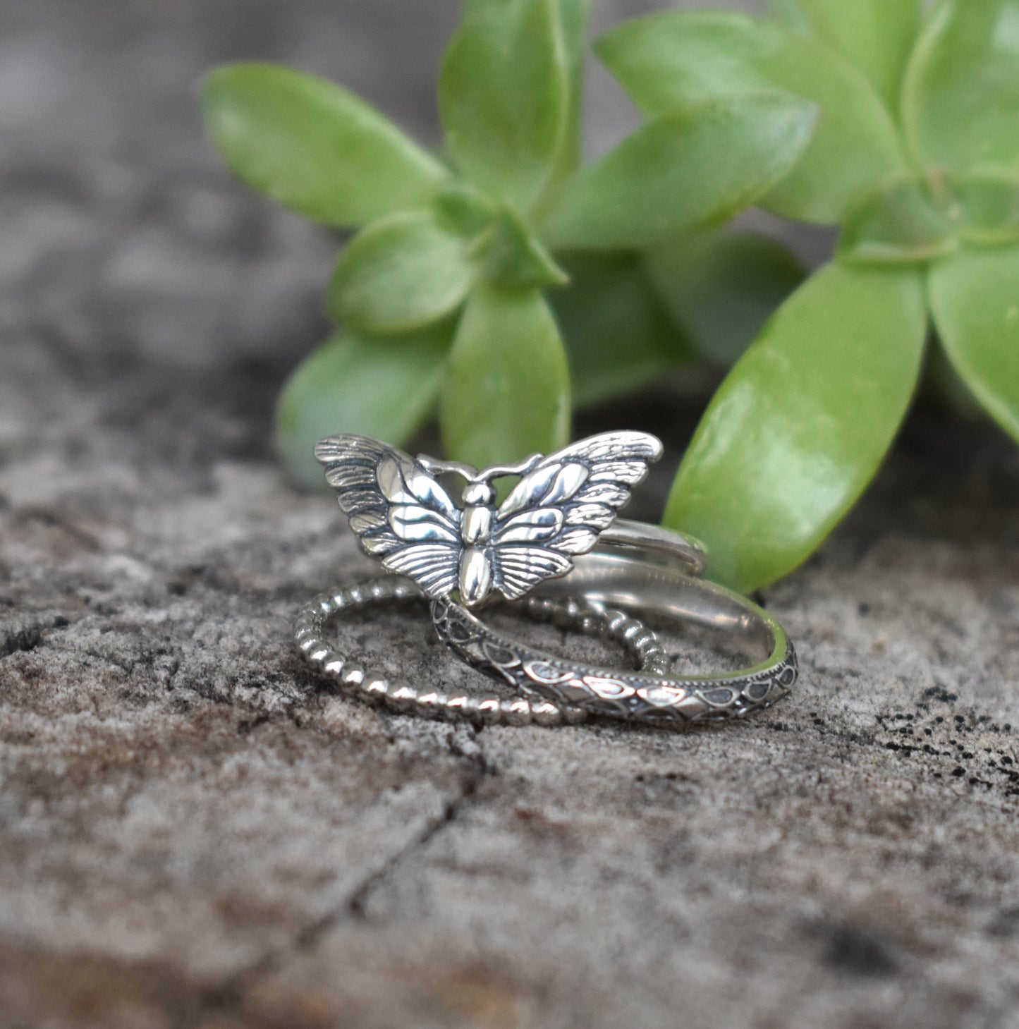 Moth Ring- Silver Ring, Moth Jewelry, Butterfly Ring- Sterling Silver Ring Set