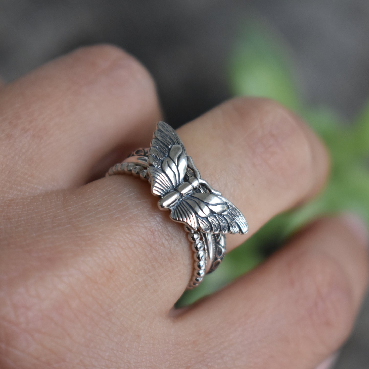 Moth Ring- Silver Ring, Moth Jewelry, Butterfly Ring- Sterling Silver Ring Set