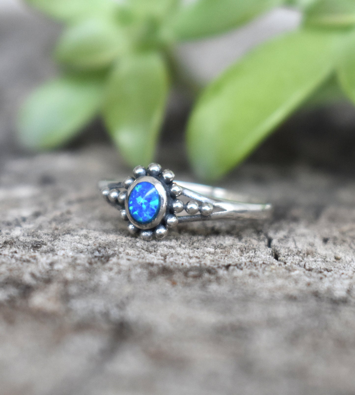 Blue Opal Ring- Opal Engagement Ring, October Birthstone Ring-Silver Opal Ring