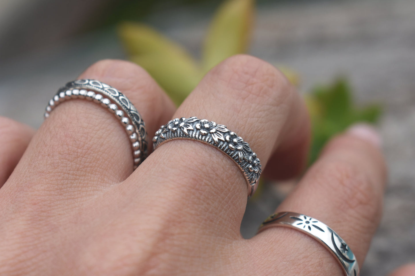 Floral ring- Flower Ring, Floral band, Y2k Ring, Flower Child, Cottagecore-Silver Ring