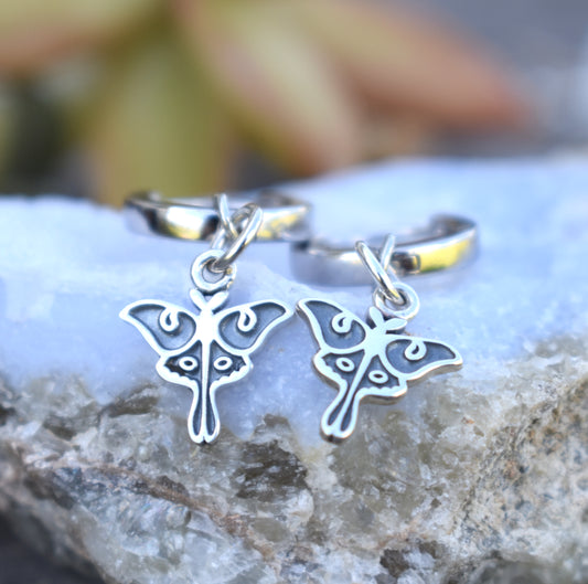 Luna Moth Huggie Hoops-Silver Hoop Earrings, Dangle Earrings, Moth Earrings