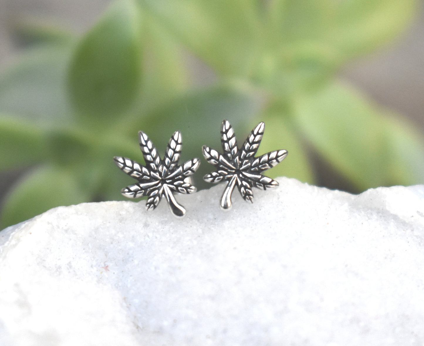 Pot Leaf Earrings- MJ Studs, Weed Jewelry, Hemp Leaf- Silver Earrings