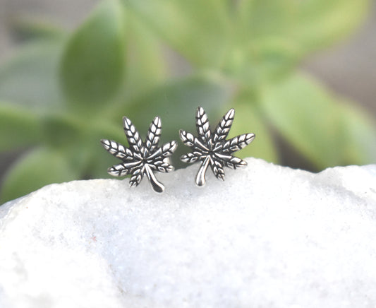 Pot Leaf Earrings- MJ Studs, Weed Jewelry, Hemp Leaf- Silver Earrings