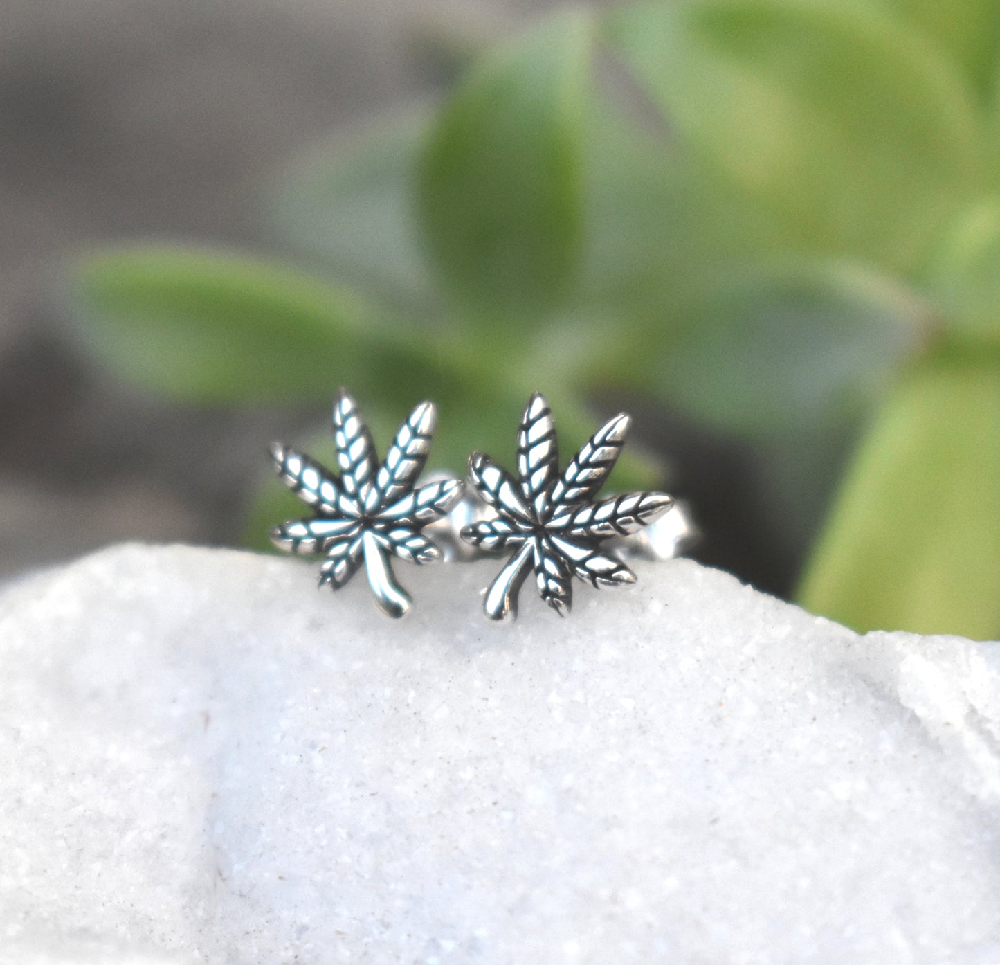 Pot Leaf Earrings- MJ Studs, Weed Jewelry, Hemp Leaf- Silver Earrings