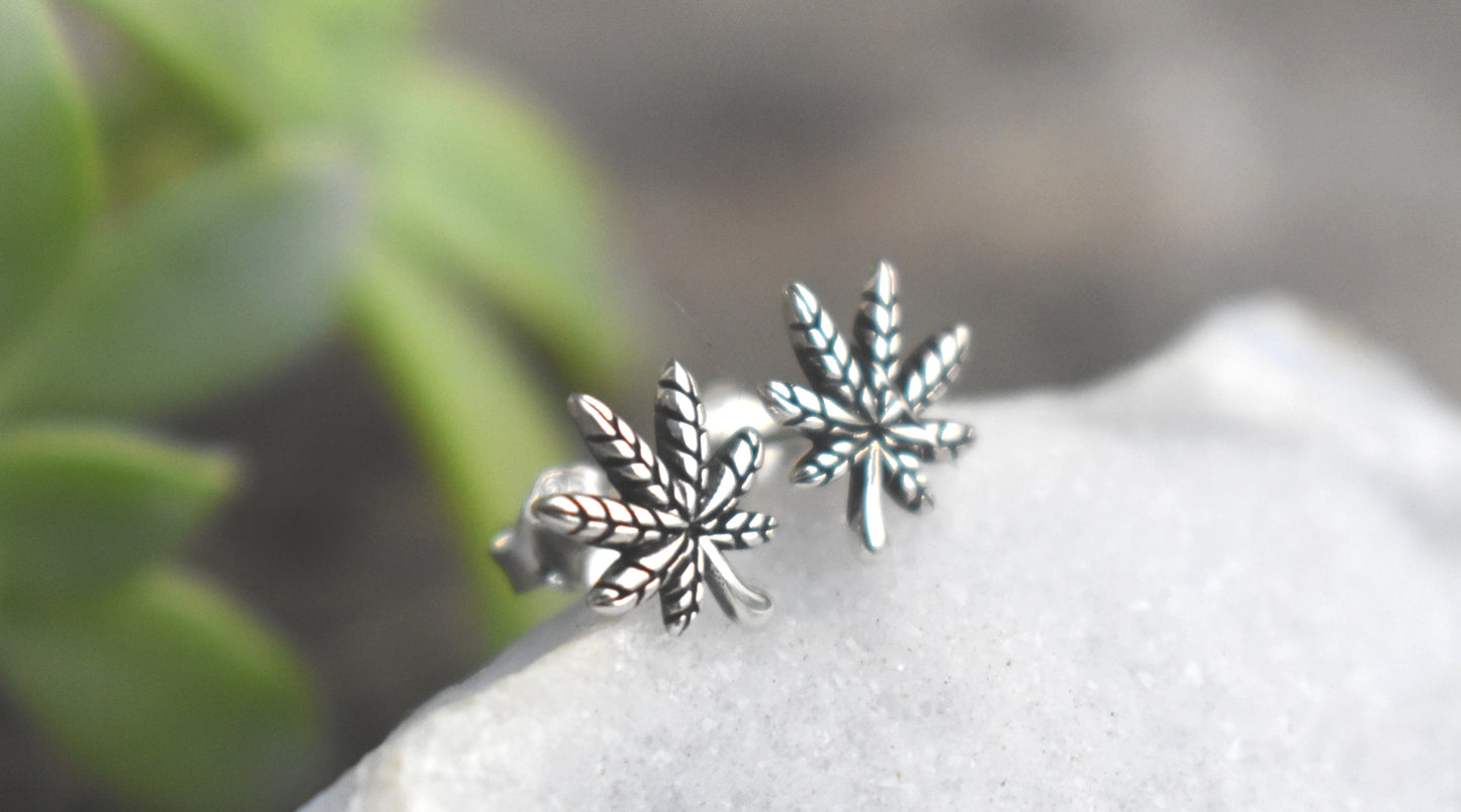 Pot Leaf Earrings- MJ Studs, Weed Jewelry, Hemp Leaf- Silver Earrings