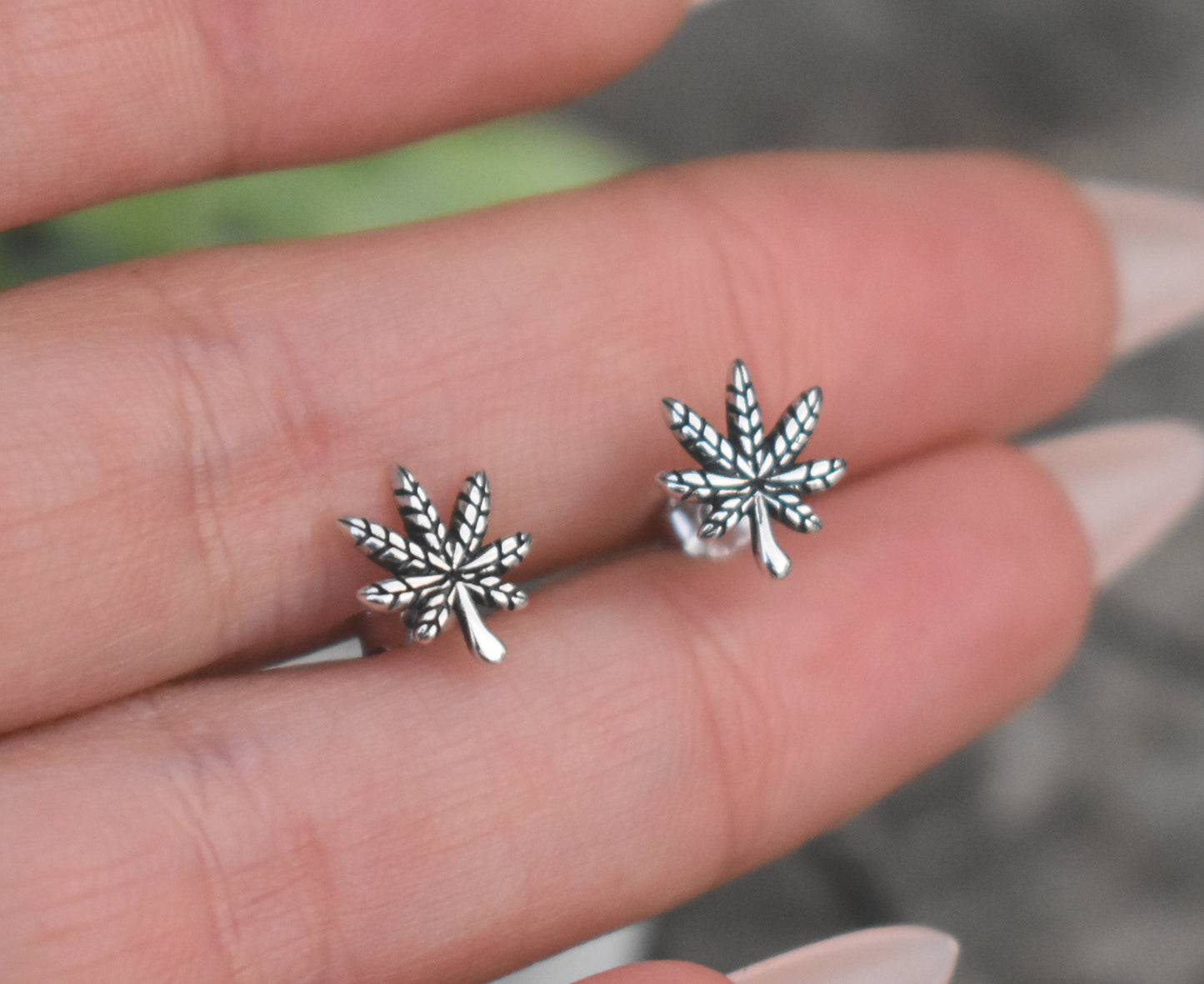 Pot Leaf Earrings- MJ Studs, Weed Jewelry, Hemp Leaf- Silver Earrings