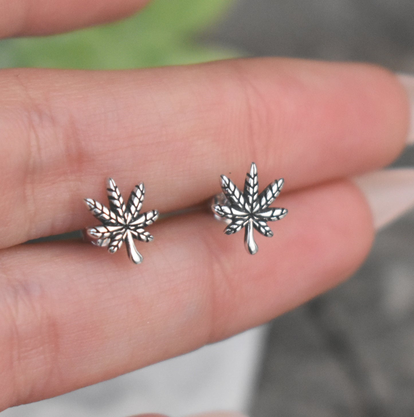 Pot Leaf Earrings- MJ Studs, Weed Jewelry, Hemp Leaf- Silver Earrings