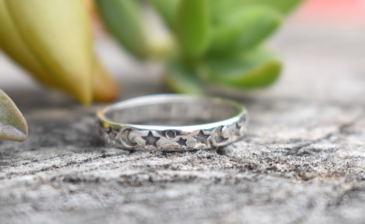 Moon And Star Ring- Crescent Moon Ring, Stars Ring, Eternity Ring-Sterling Silver Ring