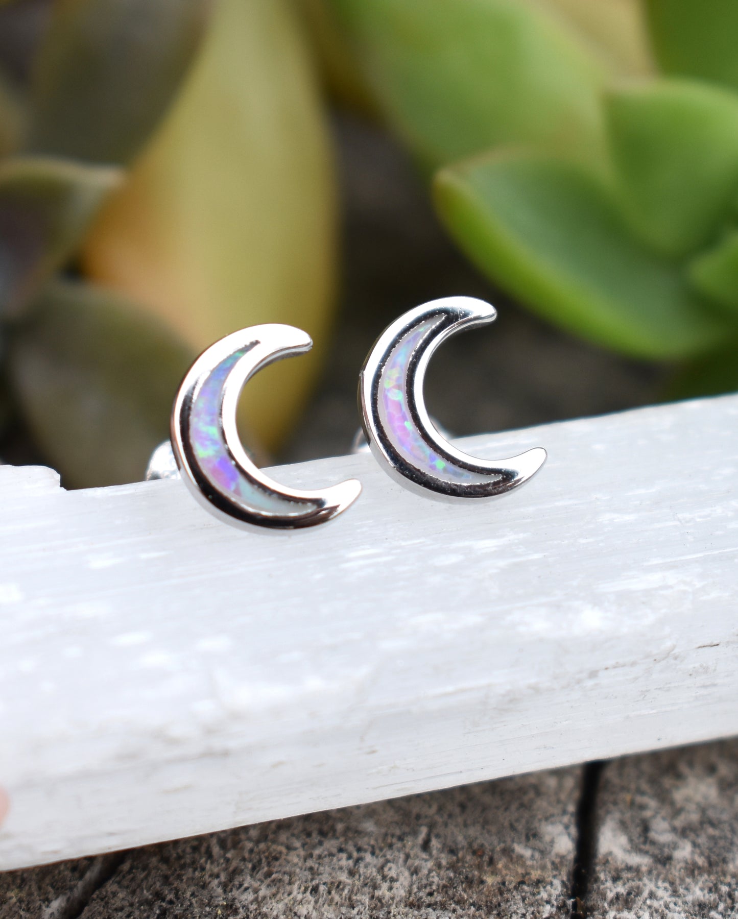 Moon Earrings- Crescent Moon Studs, Opal Moon Earrings- Opal Earrings