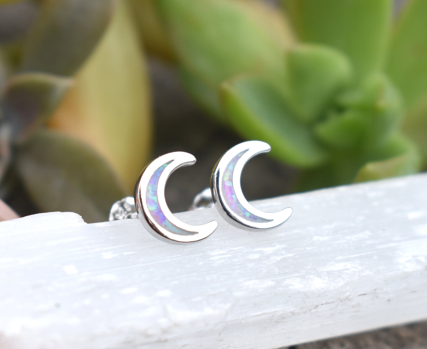 Moon Earrings- Crescent Moon Studs, Opal Moon Earrings- Opal Earrings
