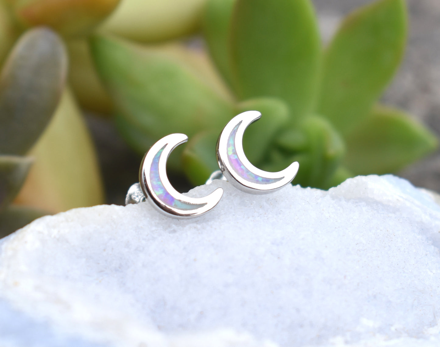 Moon Earrings- Crescent Moon Studs, Opal Moon Earrings- Opal Earrings