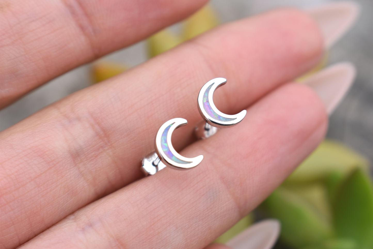 Moon Earrings- Crescent Moon Studs, Opal Moon Earrings- Opal Earrings