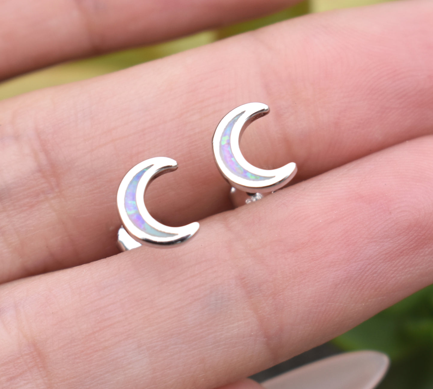 Moon Earrings- Crescent Moon Studs, Opal Moon Earrings- Opal Earrings