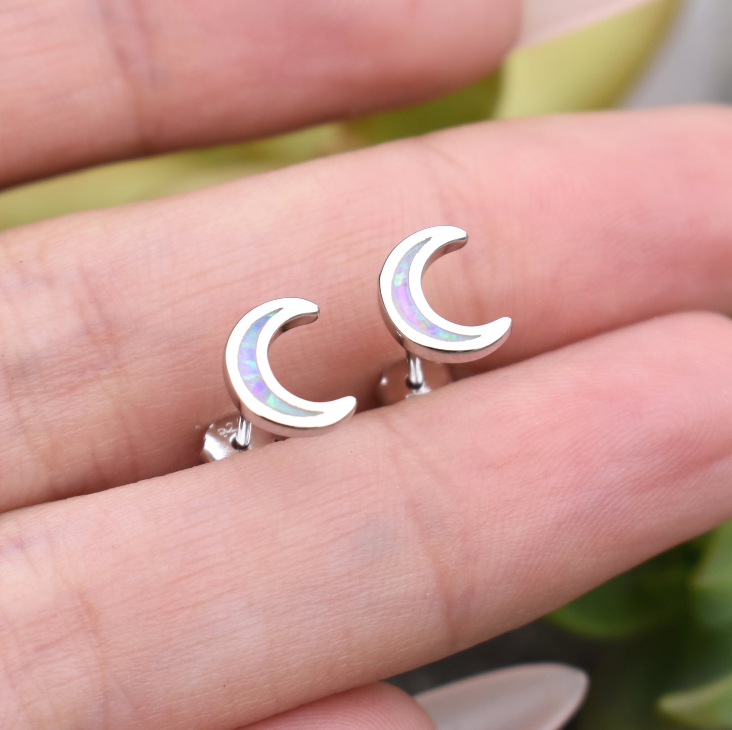 Moon Earrings- Crescent Moon Studs, Opal Moon Earrings- Opal Earrings