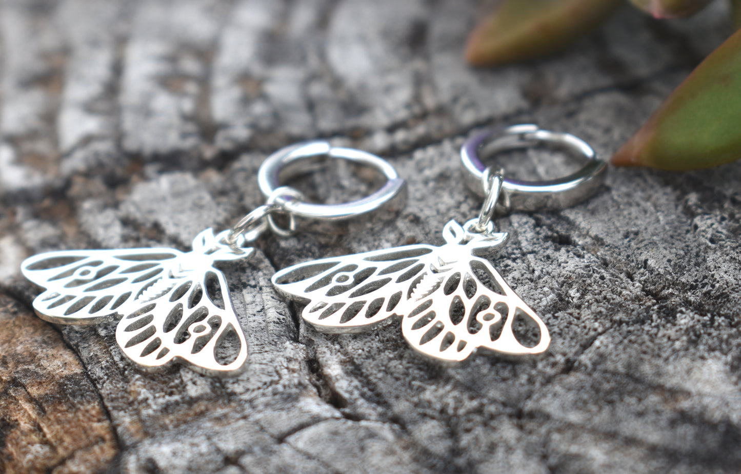 Moth Dangle Earrings-Huggie Hoops, Sterling Silver Hoops-Moth Jewelry
