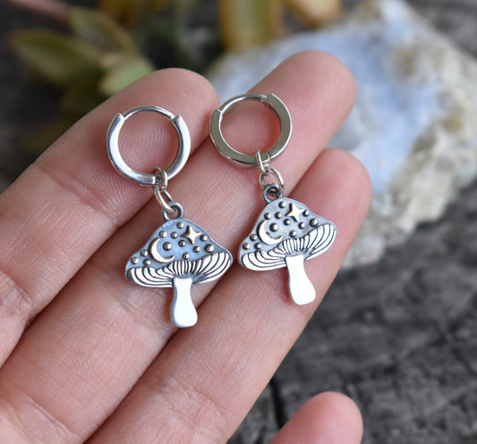 Mushroom Huggie Hoops- Huggie Earrings, Silver Hoop Earrings- Cottagecore