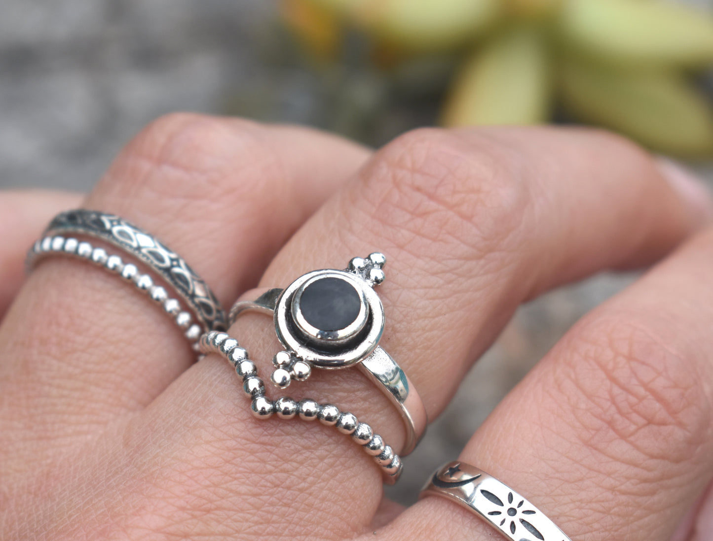Bali Style Onyx Ring- Onyx Engagement Ring, Boho Ring-Sterling Silver Ring