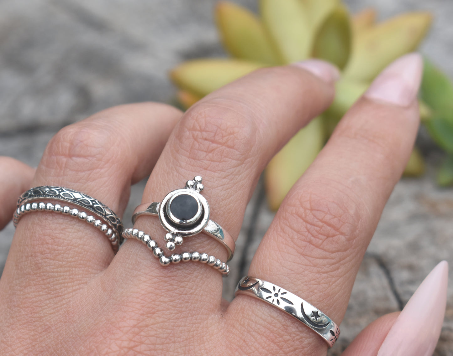 Bali Style Onyx Ring- Onyx Engagement Ring, Boho Ring-Sterling Silver Ring