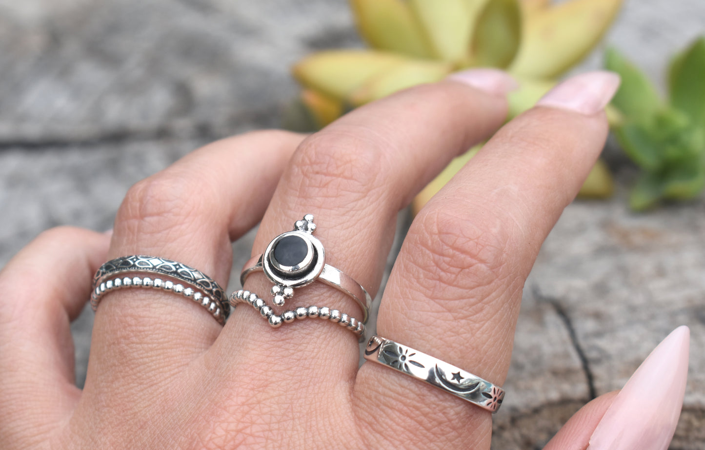 Bali Style Onyx Ring- Onyx Engagement Ring, Boho Ring-Sterling Silver Ring