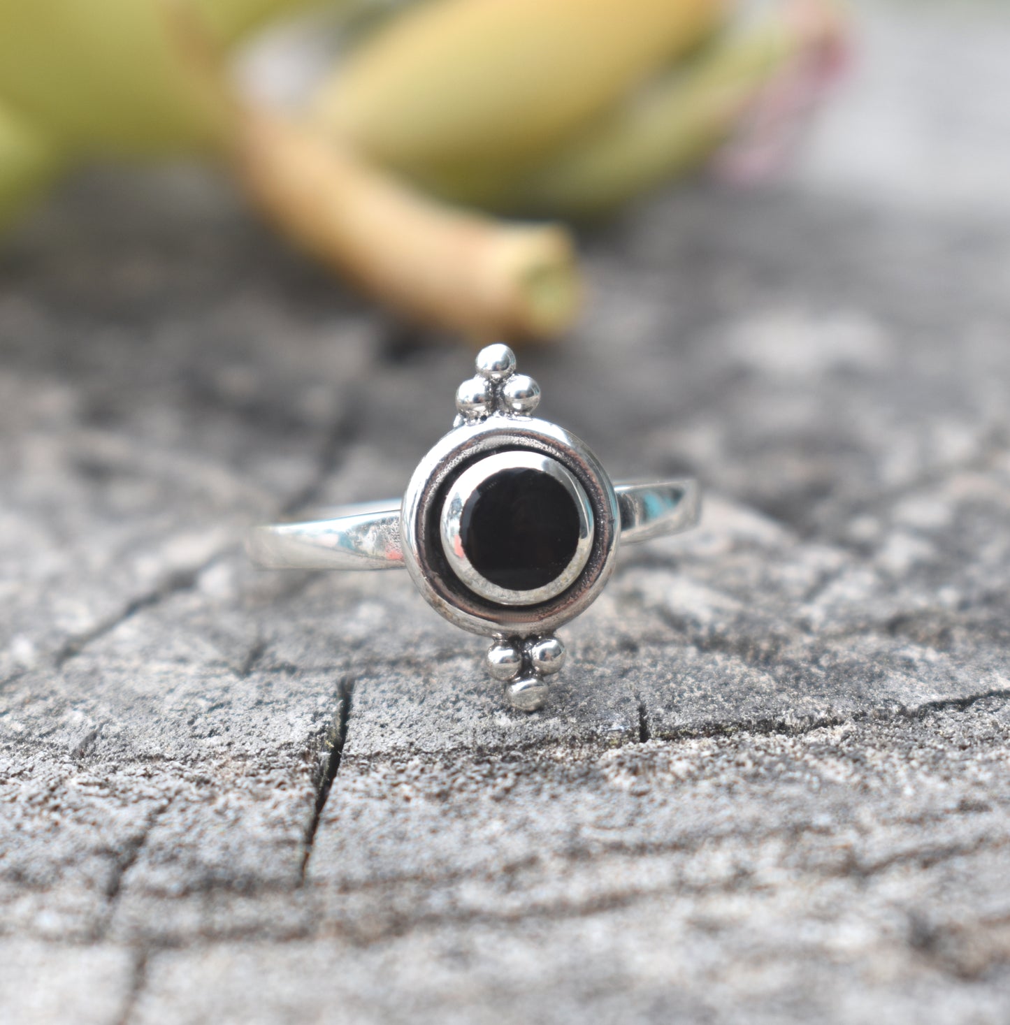 Bali Style Onyx Ring- Onyx Engagement Ring, Boho Ring-Sterling Silver Ring
