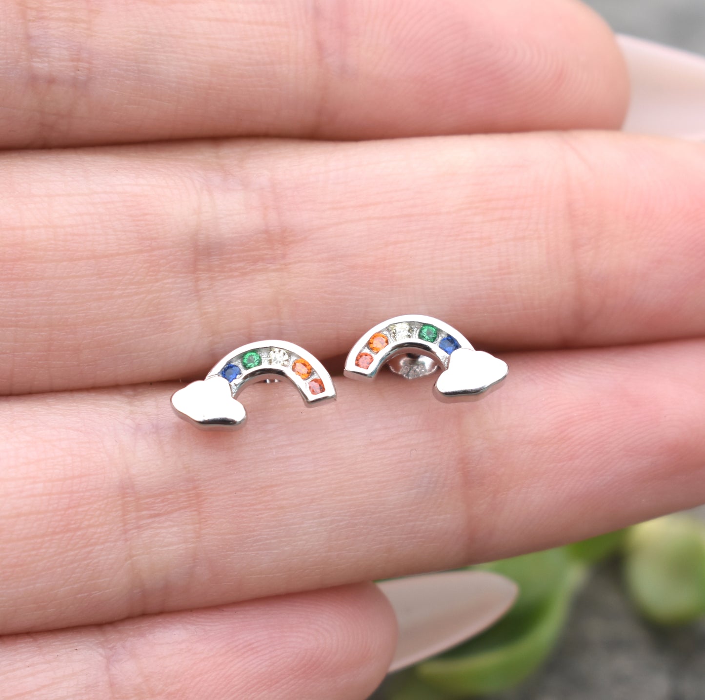 Tiny Rainbow Earrings- Sterling Cloud Studs, Rainbow Posts, Kawaii- Sterling Silver