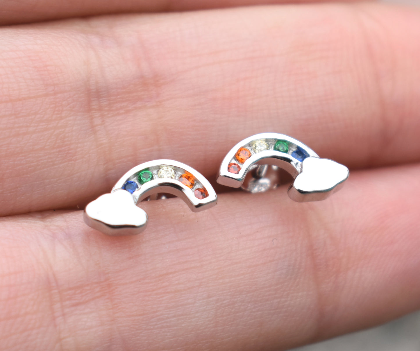Tiny Rainbow Earrings- Sterling Cloud Studs, Rainbow Posts, Kawaii- Sterling Silver