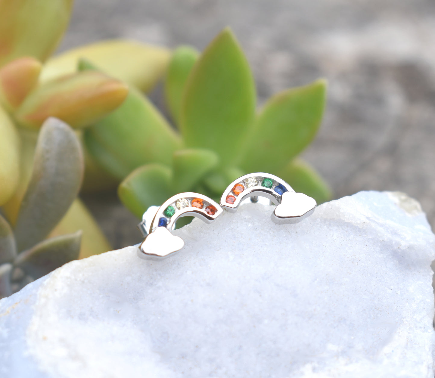Tiny Rainbow Earrings- Sterling Cloud Studs, Rainbow Posts, Kawaii- Sterling Silver