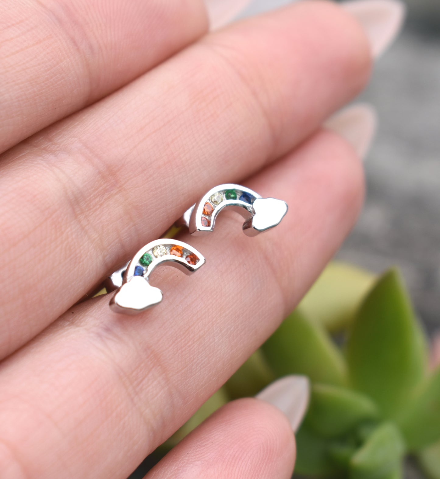 Tiny Rainbow Earrings- Sterling Cloud Studs, Rainbow Posts, Kawaii- Sterling Silver