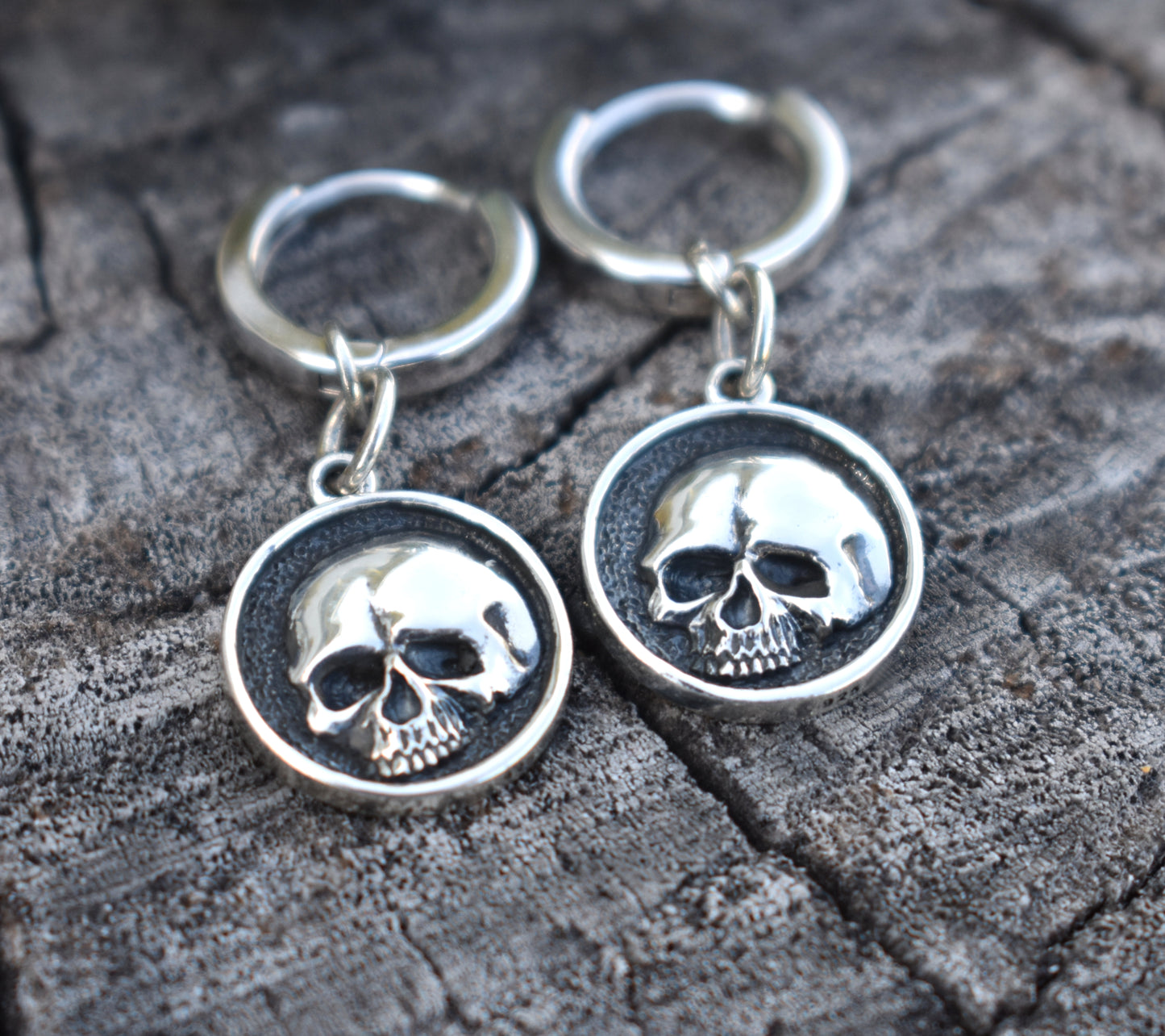 Skull Huggie Hoops- Huggie Earrings, Silver Hoop Earrings, Skull Earrings, Sterling Silver Hoops