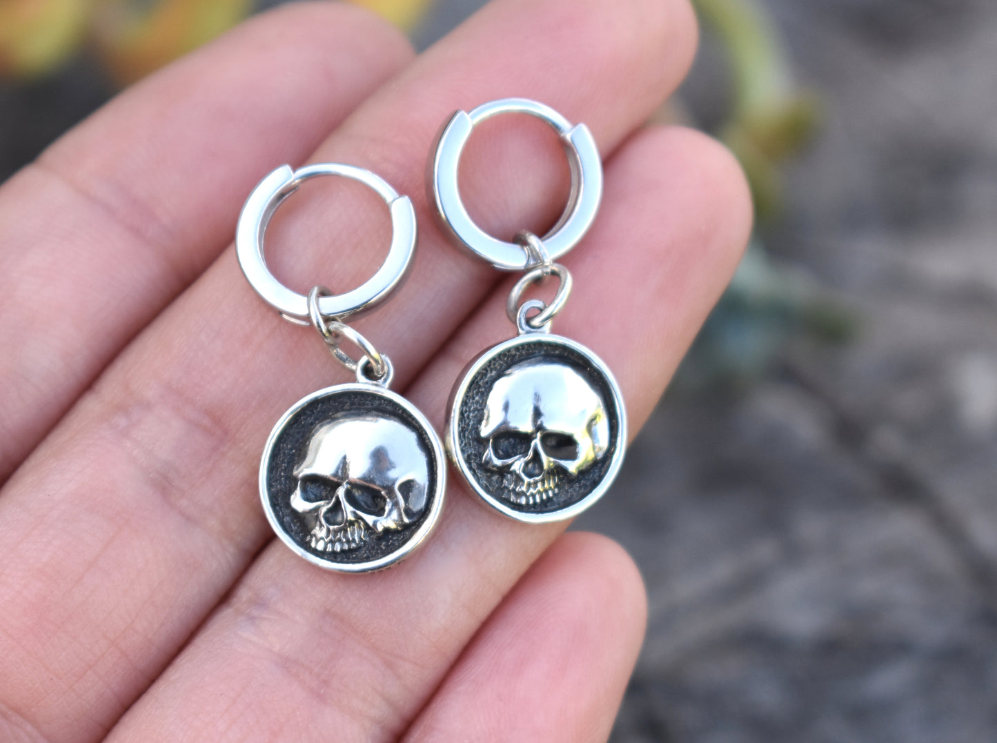 Skull Huggie Hoops- Huggie Earrings, Silver Hoop Earrings, Skull Earrings, Sterling Silver Hoops