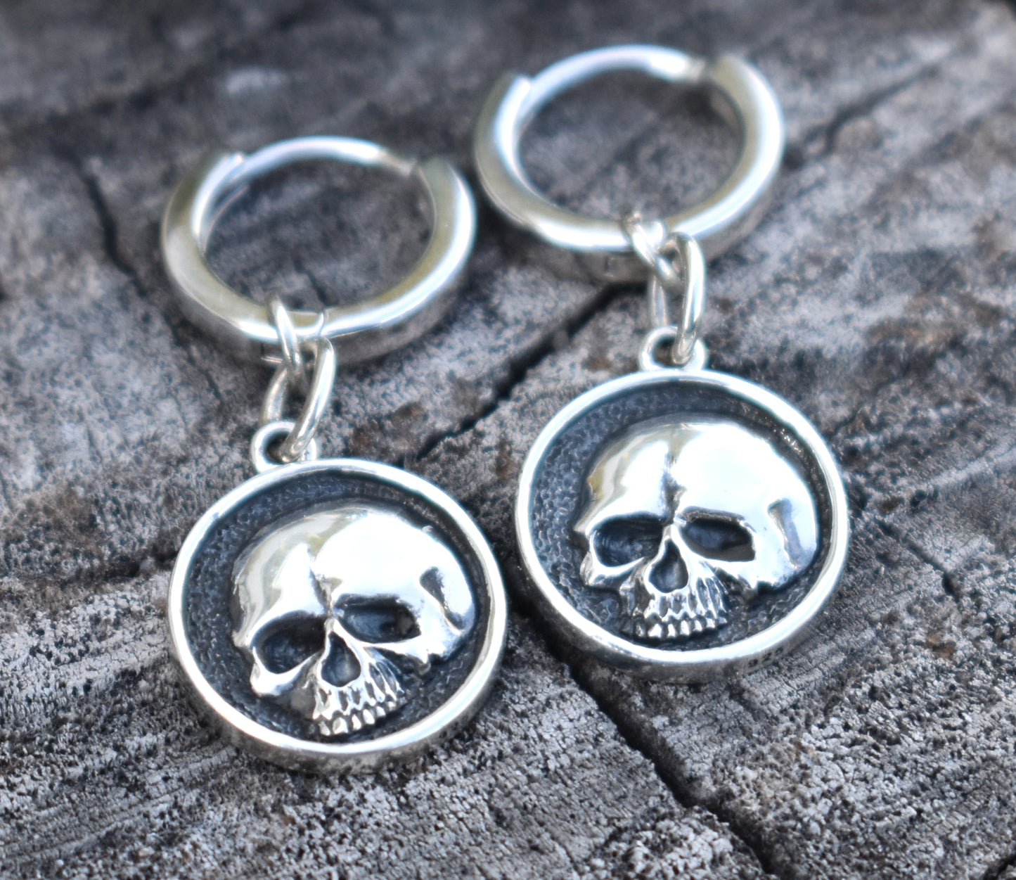 Skull Huggie Hoops- Huggie Earrings, Silver Hoop Earrings, Skull Earrings, Sterling Silver Hoops