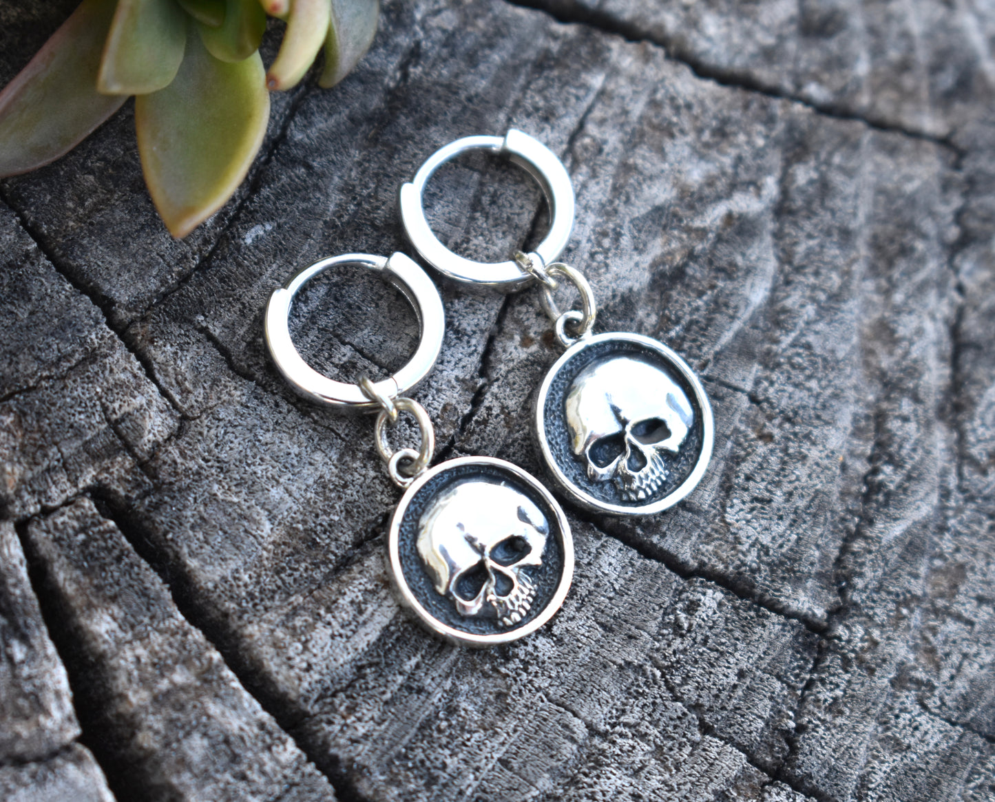 Skull Huggie Hoops- Huggie Earrings, Silver Hoop Earrings, Skull Earrings, Sterling Silver Hoops