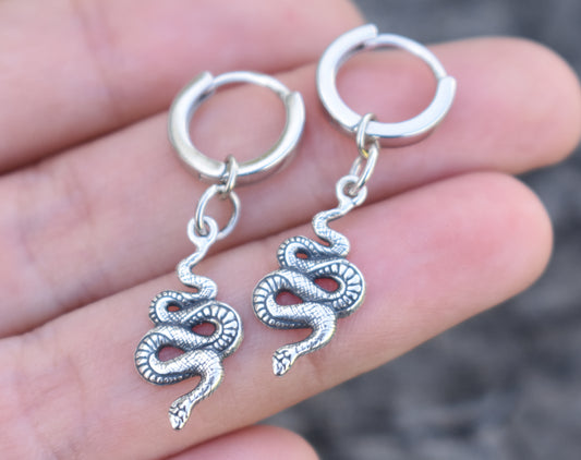 Snake Huggie Hoops- Huggie Earrings, Silver Hoop Earrings, Snake Earrings-Sterling Silver Hoops