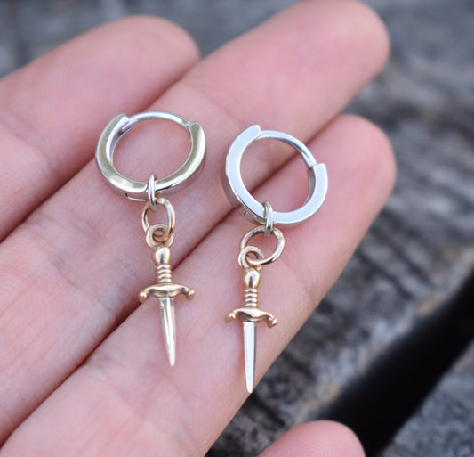 Dagger Huggie Hoop- Hoop Earrings, Dagger Earrings, Dagger Hoop- Dangle Earrings
