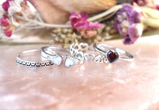 Heart Rings-Garnet, Eternity Heart Stack Set, Opal-Sterling Silver