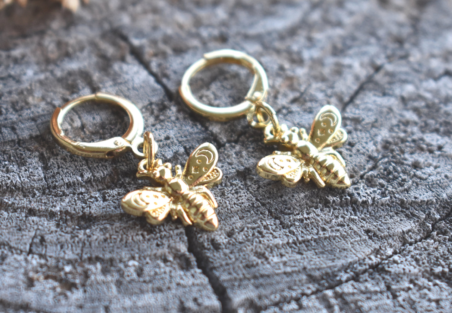 Gold Bee Huggie Hoop Earrings-14k